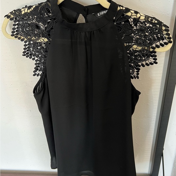 Express Tops - Express XS Crochet Laced Short Sleeve Sheer Top Black Blouse